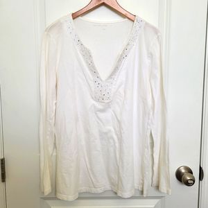 New York & Company Sequins White Scoop V Neck Long-Sleeved Blouse